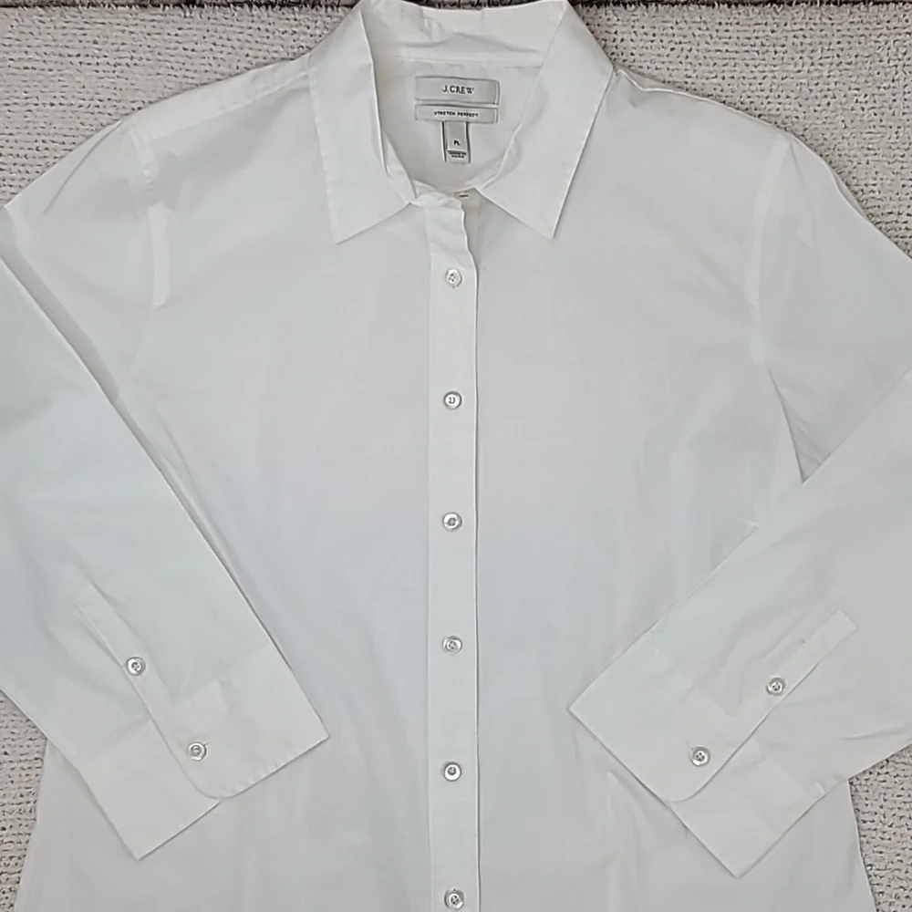J Crew Stretch Cotton Perfect Fitted Button Front 3/4 Sleeve Blouse/Shirt White